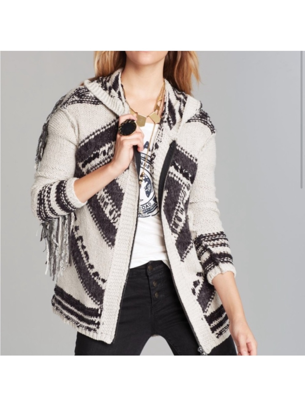 Free People Show Me The Way Cream and Black Hooded Fringe Knit Cardigan